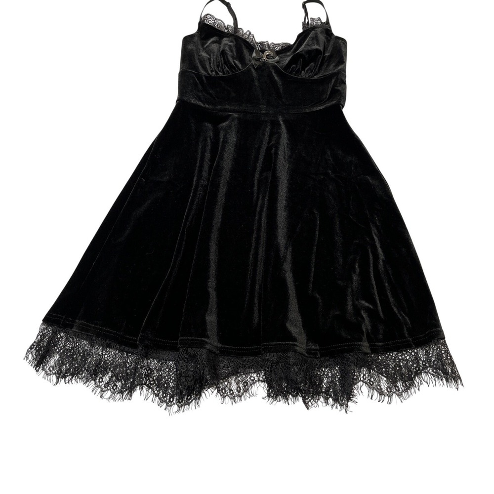 Black Velvet Dress Babydoll Lace Trim Mini Size M Celestial‎ Witchy Whimsigoth - Picture 3 of 11